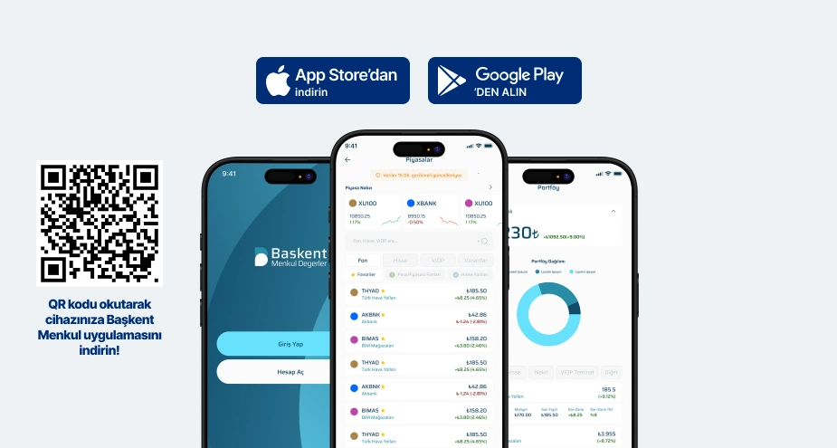 Başkent Yatırım Mobil Uygulaması QR ve ekran görselleri